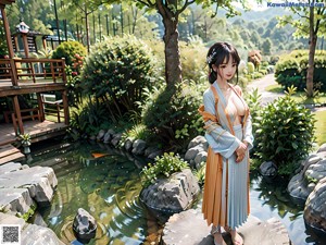 A woman in a kimono sitting on a bed.