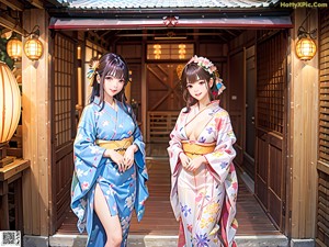 A woman in a purple kimono is posing for the camera.