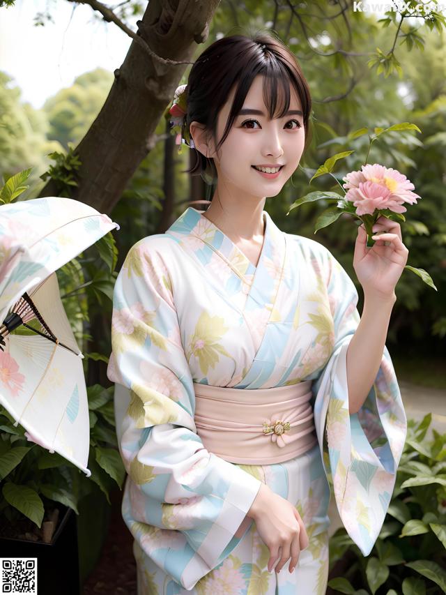 A woman in a kimono holding a flower and an umbrella.