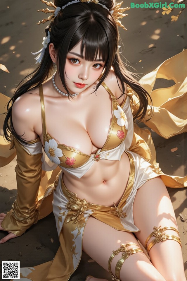 Hentai - The Frozen Elegance That Melts Starlight Set.1 20250104 Part 5 No.c14c0b A woman in a gold and white outfit sitting on the ground.