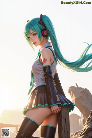A woman with long green hair standing in front of a window.