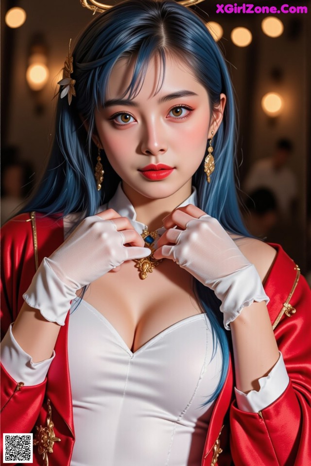 Hentai - Captivating Grace of the Cosmic Maiden Set.1 20250124 Part 1 No.33cfb1 A woman with blue hair wearing a red jacket and white gloves.
