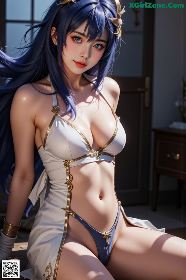 Hentai - Captivating Grace of the Cosmic Maiden Set.1 20250124 Part 1 No.33cfb1 A woman in a white and blue bikini sitting on a wooden floor.