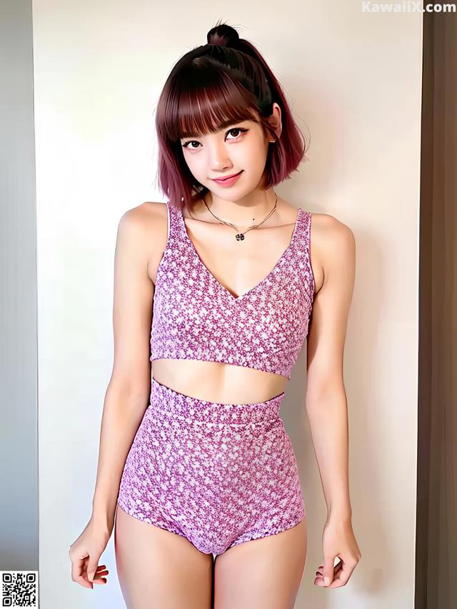 A woman in a pink and white patterned top and high waisted shorts.