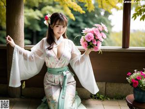 A naked asian woman posing on a wooden table.