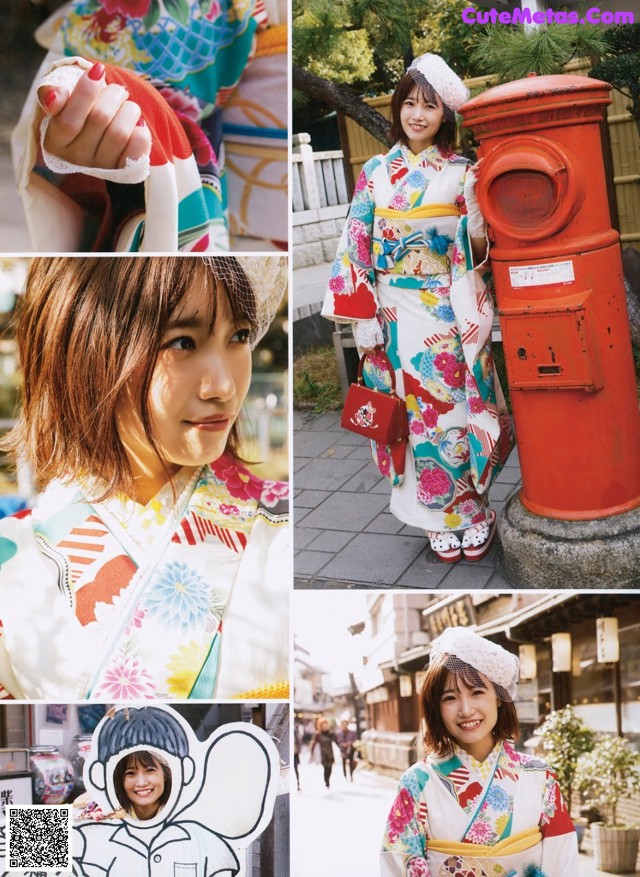 A collage of photos of a woman in a kimono.