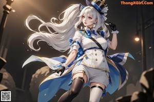 A woman with long white hair wearing a blue and white outfit.