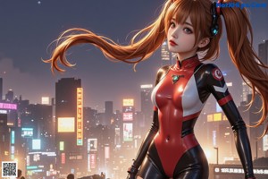 A woman in a red bodysuit is standing in the middle of a city.