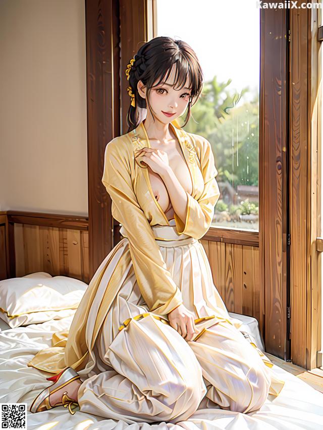 A woman in a yellow kimono sitting on a bed.