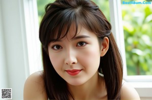 A woman in a white top and pink panties leaning against a window.