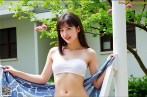A woman in a white top and pink panties leaning against a window.