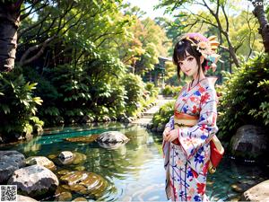 A woman in a kimono standing in a hallway.