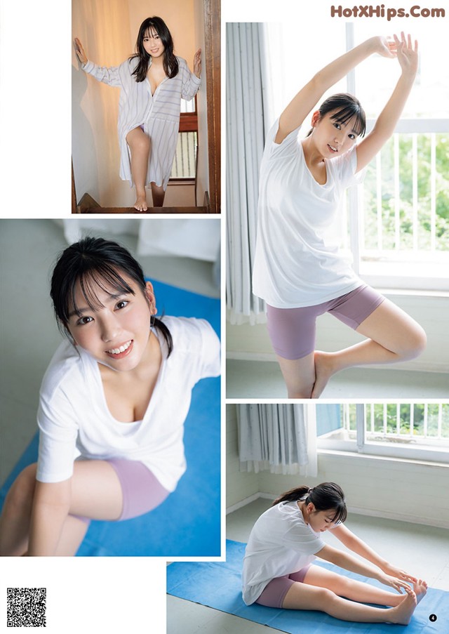 A woman in a white shirt and purple shorts doing yoga.