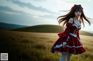 a woman in a red and white dress posing for a picture