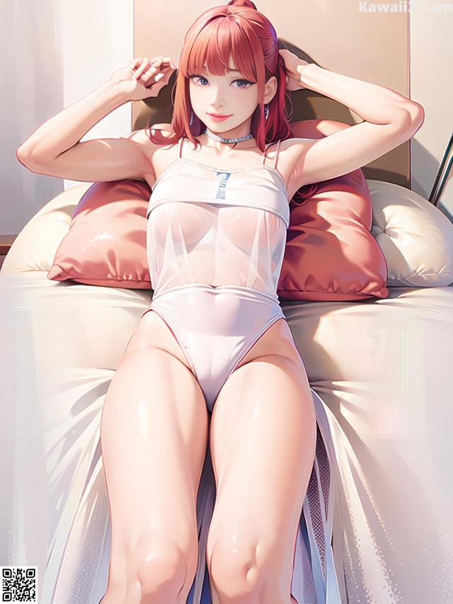 A woman in a white bodysuit sitting on a bed.