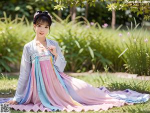 A woman in a blue and pink hanbok is posing for a picture.