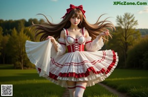 A woman in a red and white dress sitting on a bench.