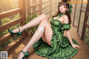 A woman in a green dress is standing on a fence.