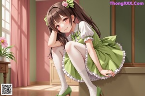 A woman in a green dress and white stockings posing for a picture.