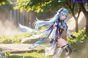 A woman with long blue hair holding a sword.