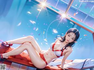 A woman in a black and orange outfit laying on a bed.