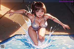 A woman in a black bathing suit standing next to a pool.