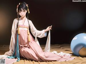 A woman in a white and red kimono holding a fan.