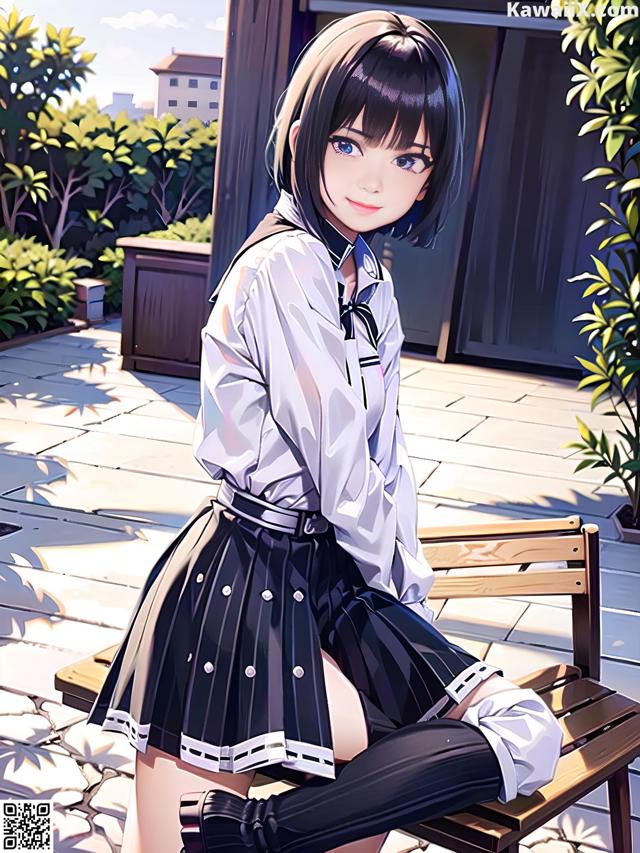 A girl in a school uniform sitting on a bench.