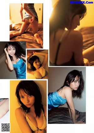 A woman in a bikini sitting in a swimming pool.