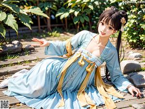 A woman in a blue and gold dress standing in front of a tree.