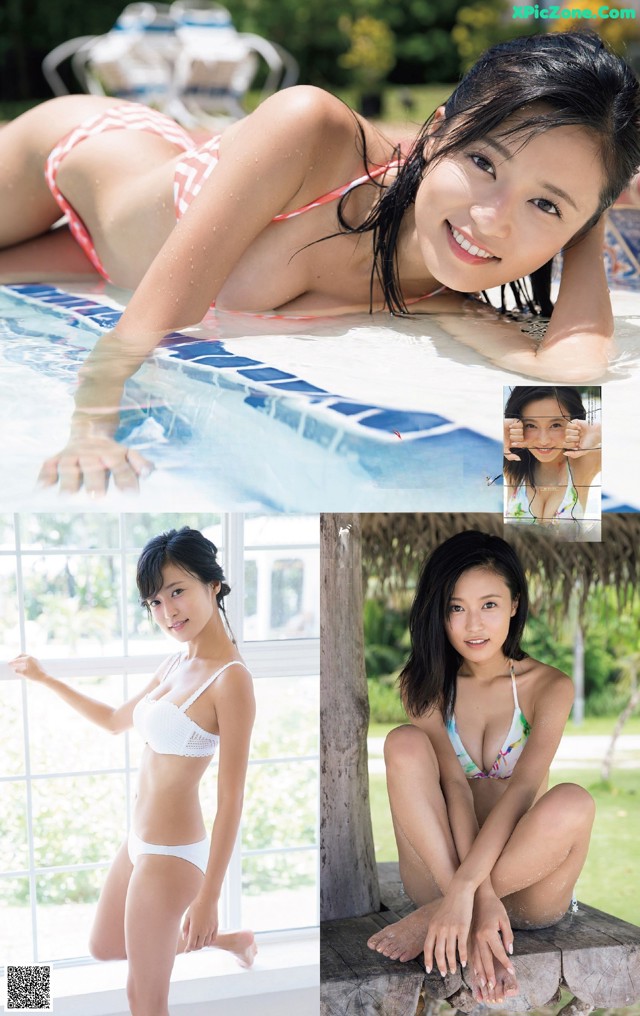 A woman in a bikini sitting on a bench next to a pool.
