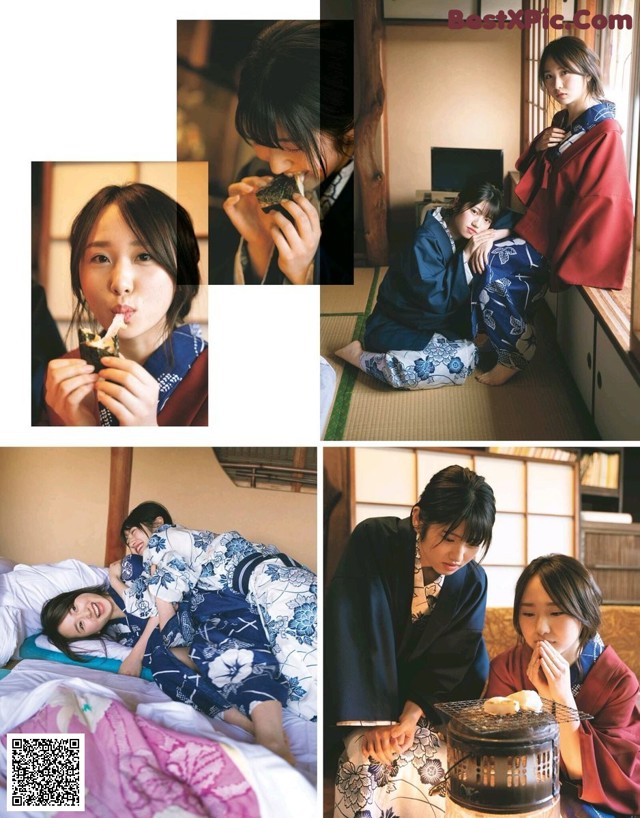 A collage of photos of a woman in a kimono eating food.