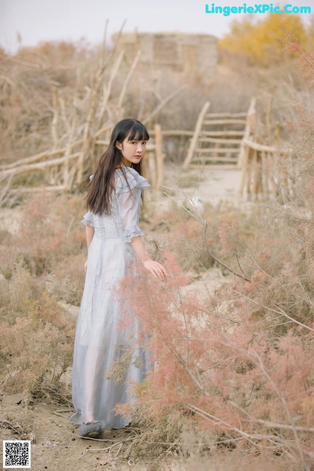 A woman in a blue dress standing in a field.