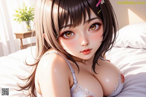 A woman in white lingerie and stockings poses in a bedroom setting.