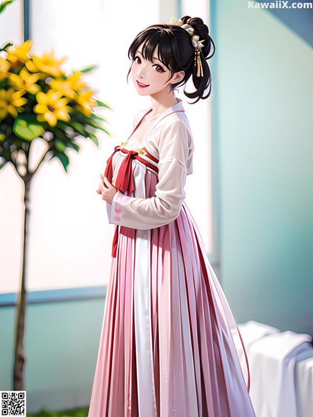 A woman in a pink and white dress standing in front of a window.