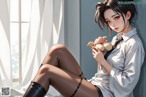 a woman sitting on a window sill next to a teddy bear