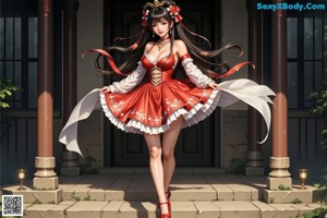 A woman in a red and white dress posing for a picture.