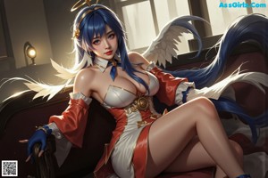 A woman in a blue and white outfit with angel wings.