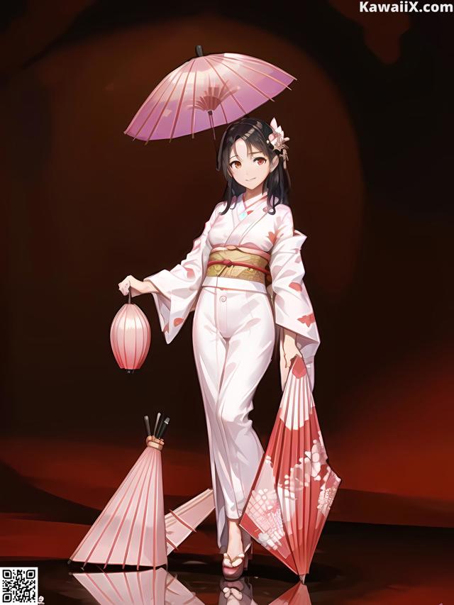 A woman in a kimono holding an umbrella and a lantern.