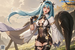 A woman with long blue hair standing in a field.