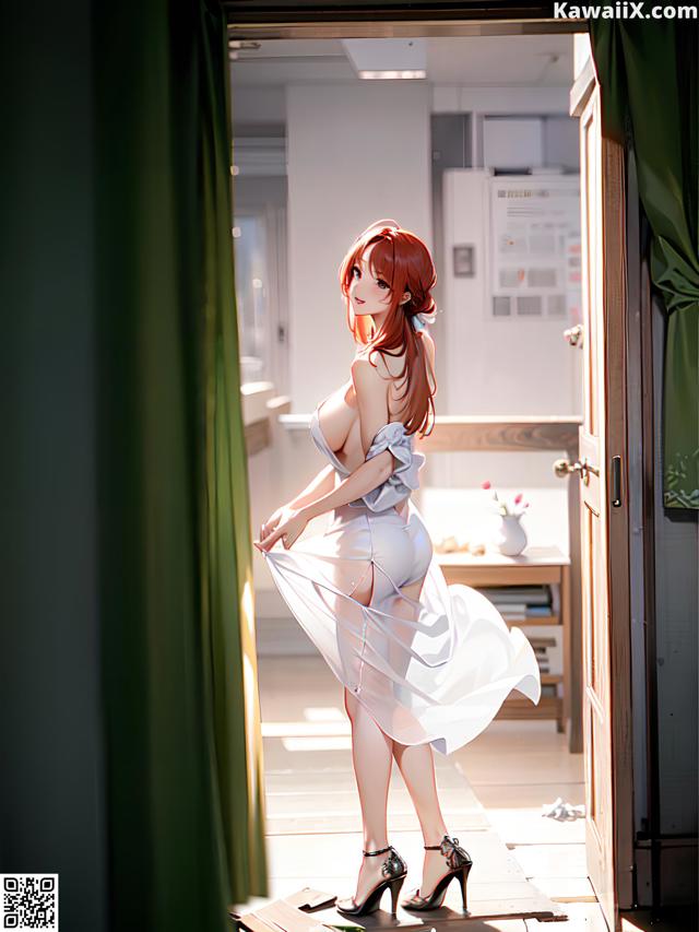 A woman in a white dress standing in front of a door.