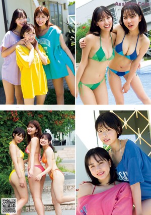 A group of young women in white bikinis posing for a picture.