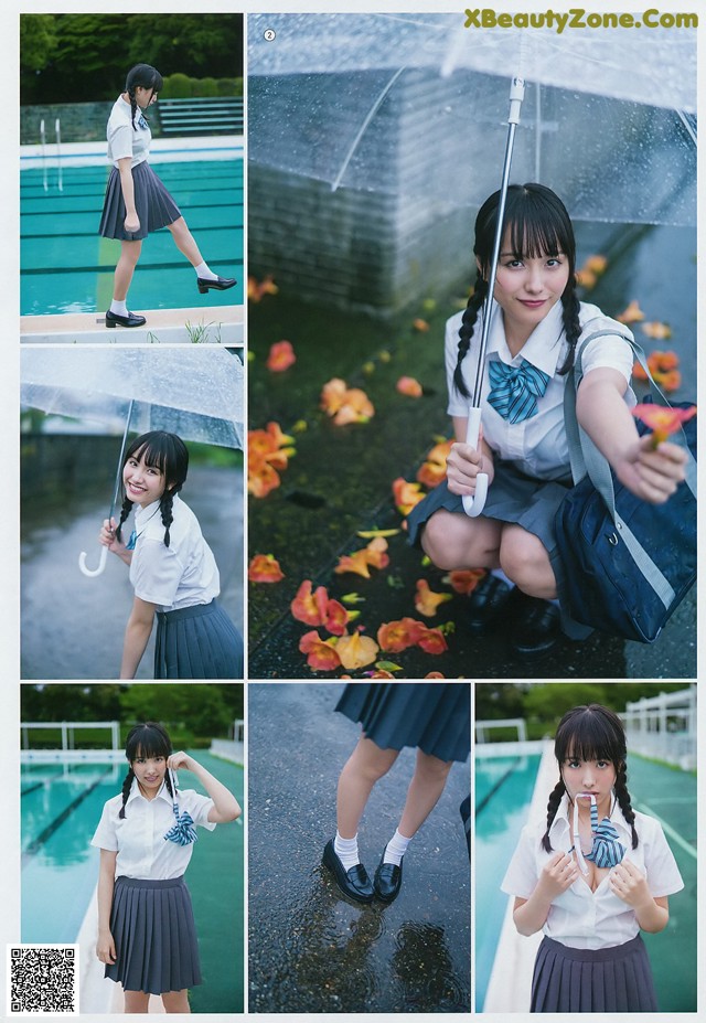 A collage of photos of a girl holding an umbrella.