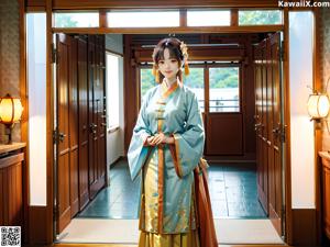 A woman in a kimono sitting on a bed.