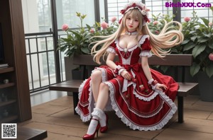 A woman in a red dress and white socks is posing for a picture.