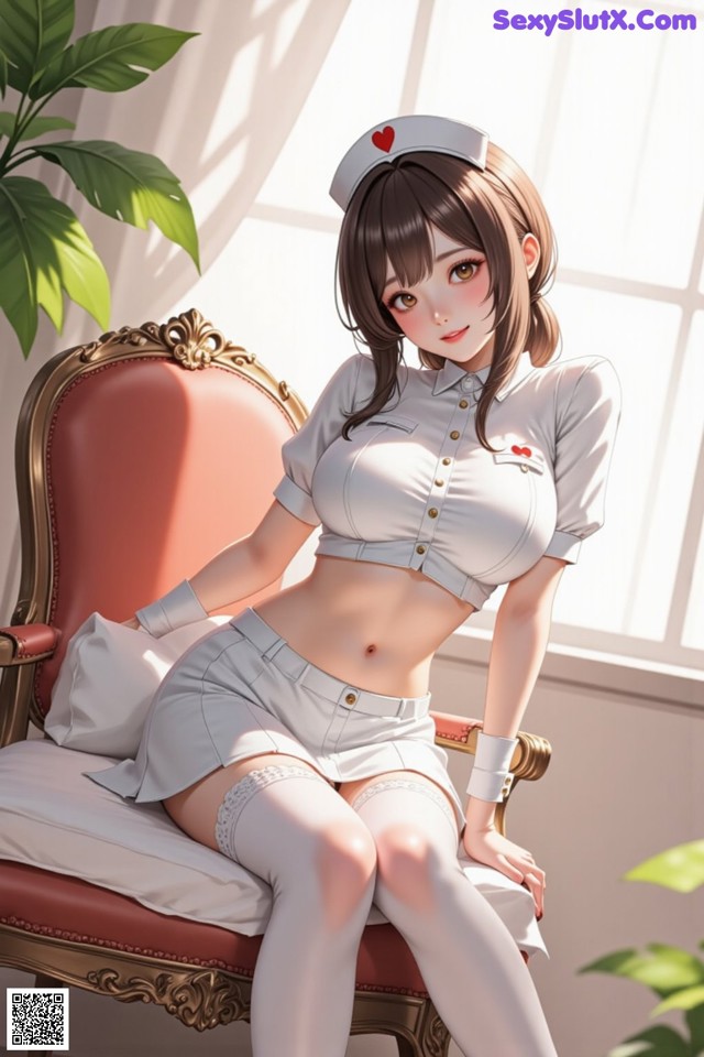 A woman in a nurse outfit sitting on a chair.