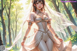 A woman in a wedding dress standing in the woods.