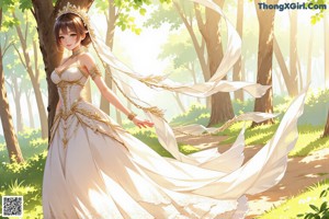 A woman in a wedding dress standing in the woods.