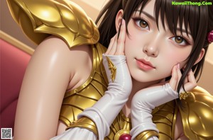 A woman in a golden armor standing on a beach.