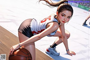 A girl holding a basketball on a basketball court.